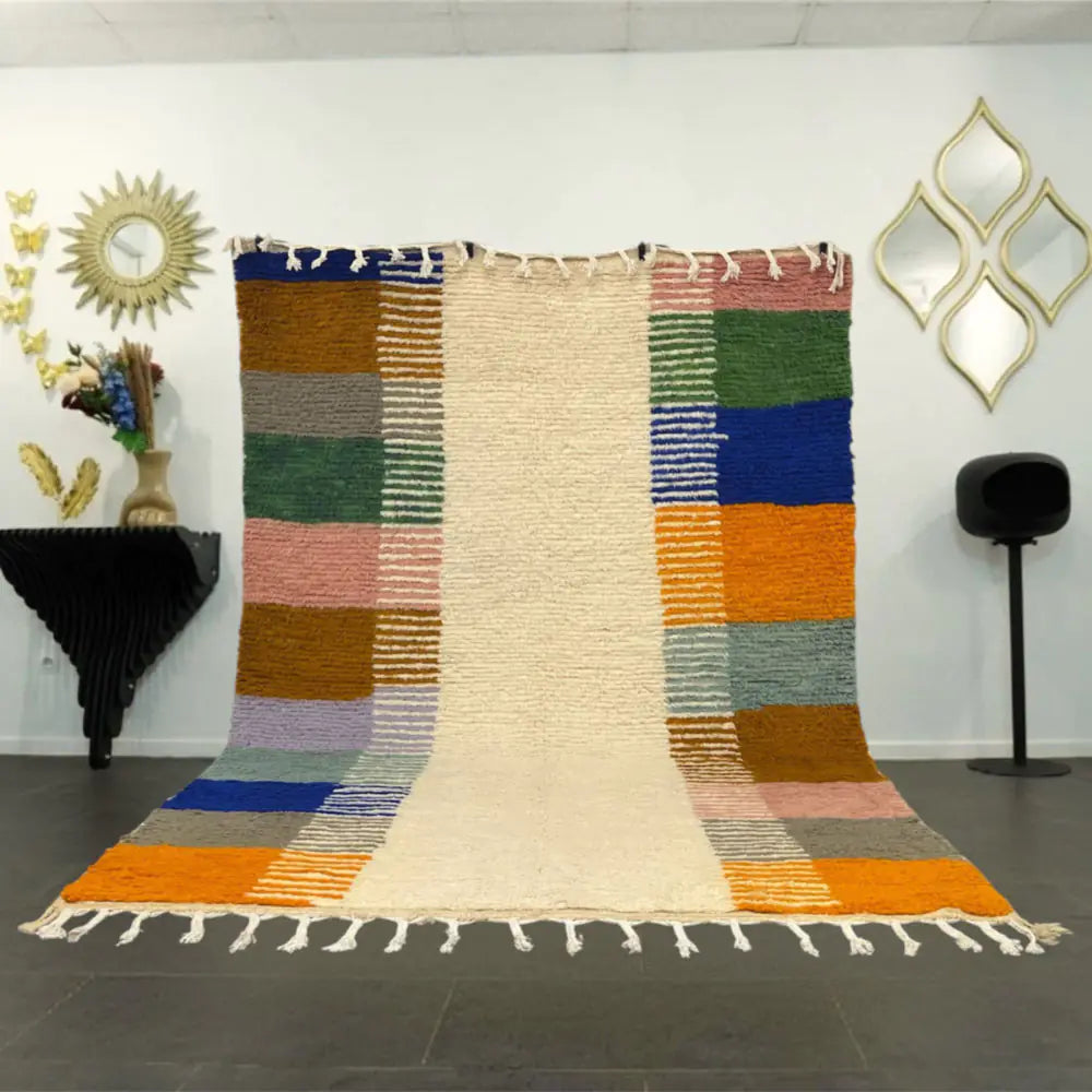 Tapis berbère azilal multicolore en laine pour salon moderne, décoration marocaine artisanale
