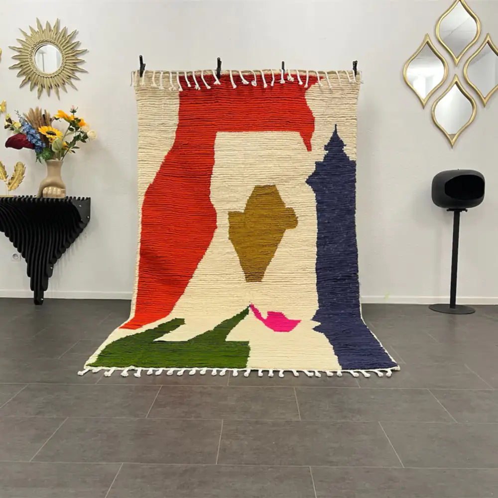 Tapis Azilal berbère authentique et unique, multicolore en laine naturelle