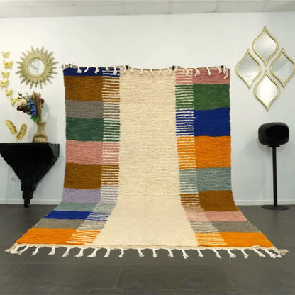Tapis berbère azilal multicolore en laine pour salon moderne, décoration marocaine artisanale