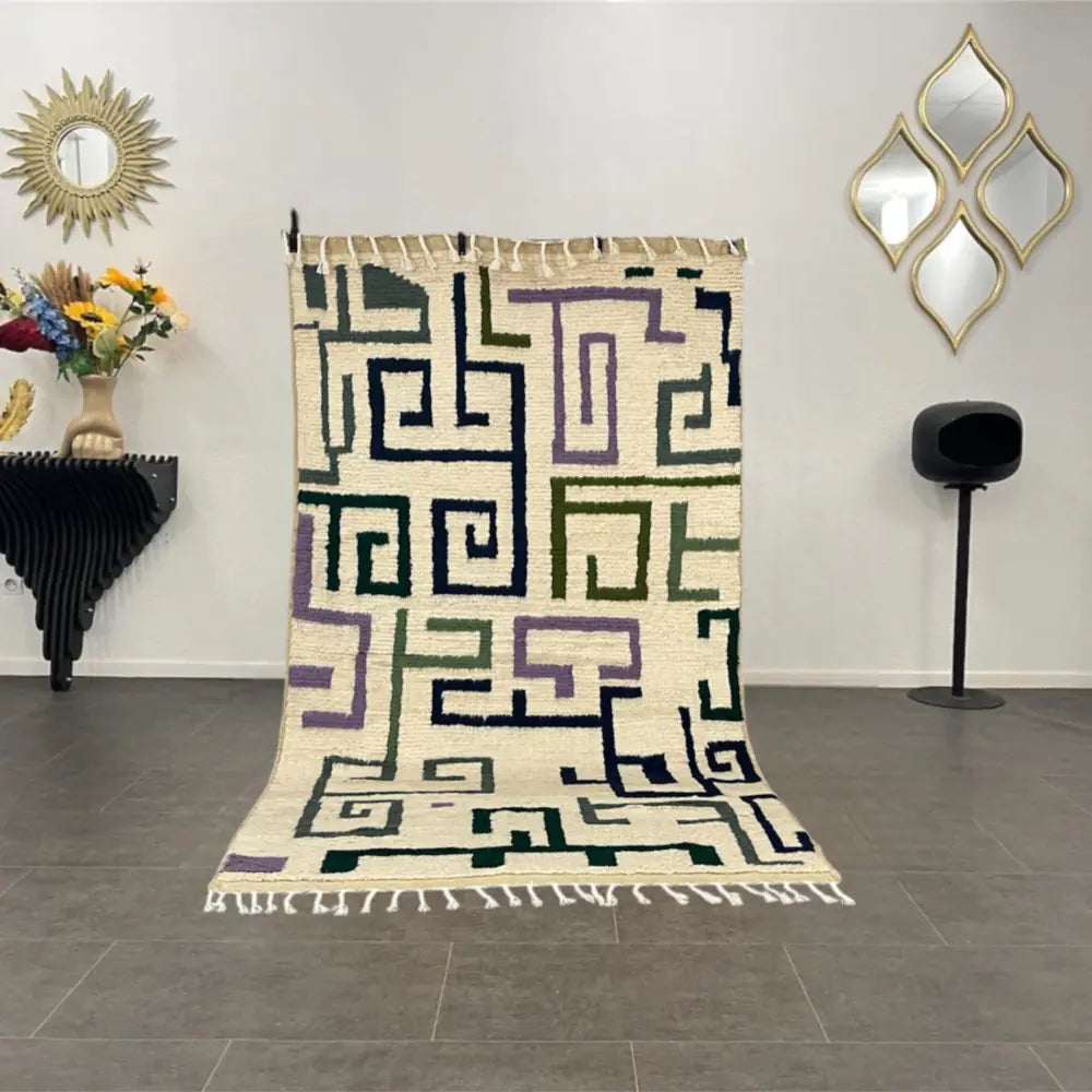 Tapis berbère Beni Ouarain blanc en laine naturelle, tissé main